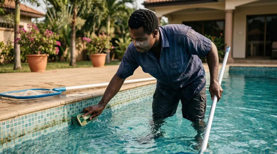 Bantu Pools technician scrubbing the waterline tiles of a pool