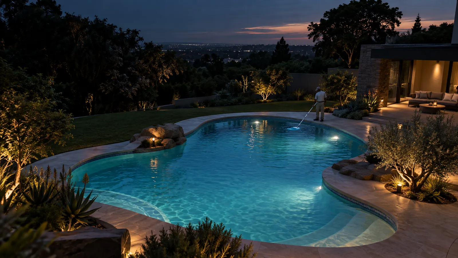 A clear, illuminated residential swimming pool being cared for at dusk in Johannesburg
