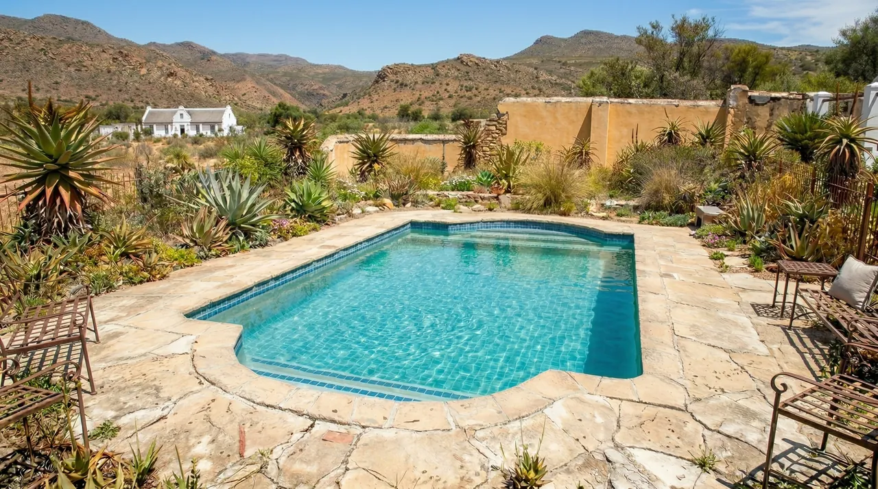 Sparkling clean swimming pool restored by Bantu Pools, with mountains in the background