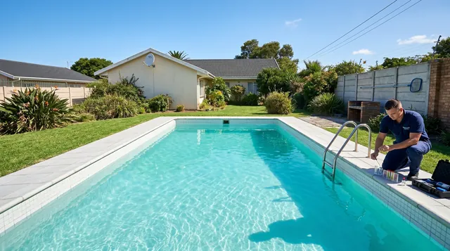 Restored pool with sparkling turquoise water and a technician completing the service