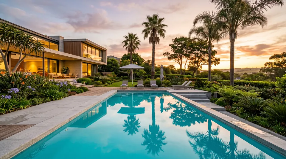Golden-hour swimming pool with agapanthus and palm trees, warm sunset light reflecting across the water