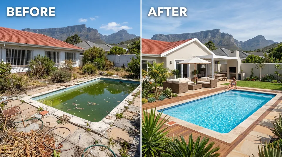 Before and after of a full pool and backyard renovation