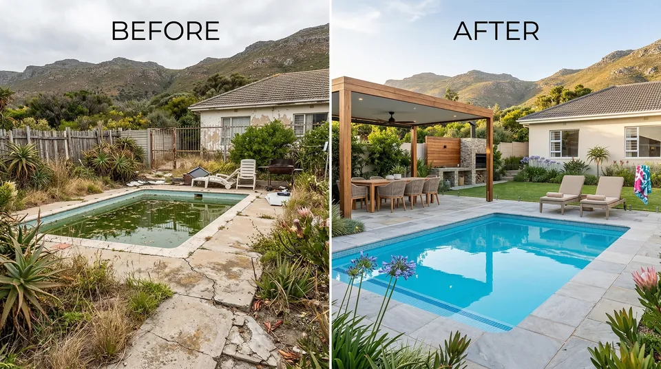 Before and after of a neglected pool transformed with new paving and pergola