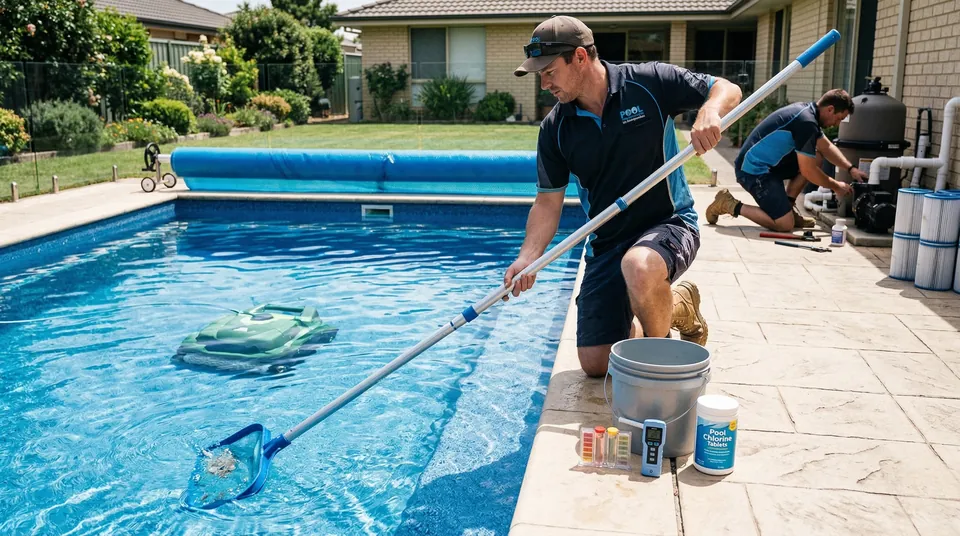 Technician deep-cleaning a pool with vacuum and net